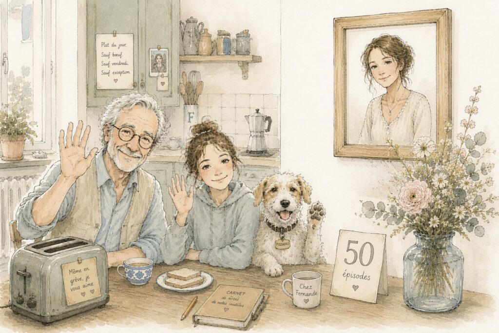 Jean Sébastien Trinquet, Lucie et Pissarro dans la cuisine de leur appartement de Montreuil. Au mur, une photo d'Emma Trinquet. 